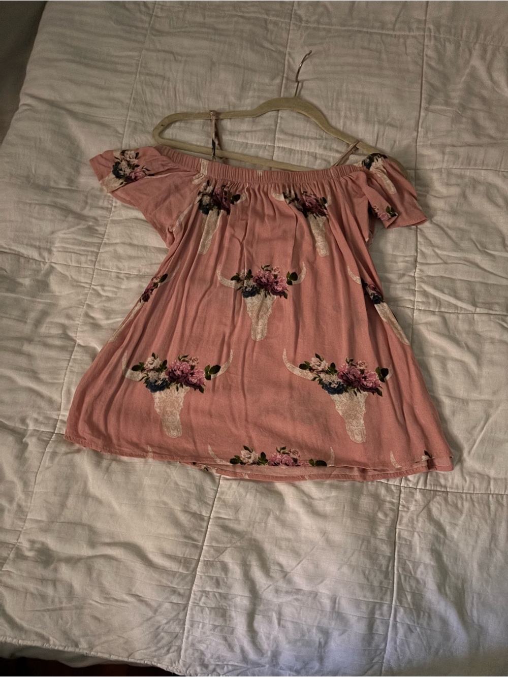 Peach Love California Pink Off-Shoulder Floral Bull Skull Blouse